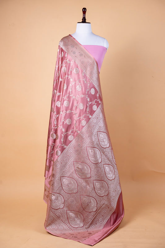 Dusty Rose Pink Pure Banarasi Mashru Silk Saree with Silver Zari Floral Weaving