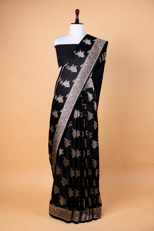Classic Black Pure Banarasi Mashru Silk Saree with Silver Zari Motifs and Rich Border
