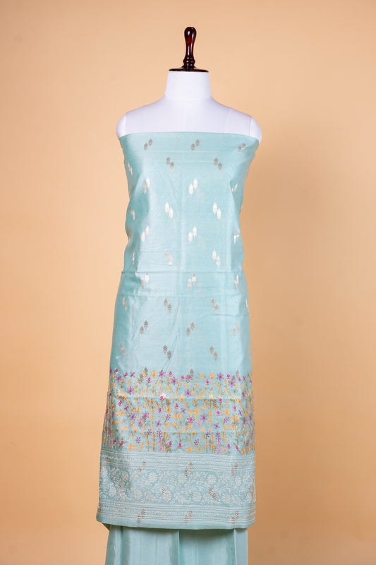 Sky Blue Cotton Suit with Embroidered Border & Dupatta