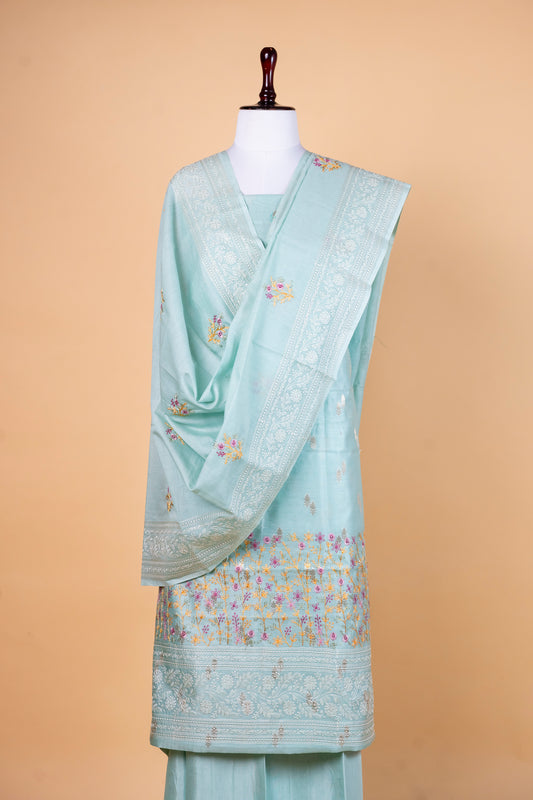 Sky Blue Cotton Suit with Embroidered Border & Dupatta