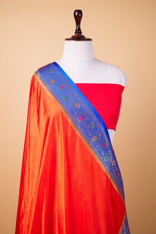 BanarasiPremium Orange Mashru Silk Saree with Royal Blue Contrast Zari Border