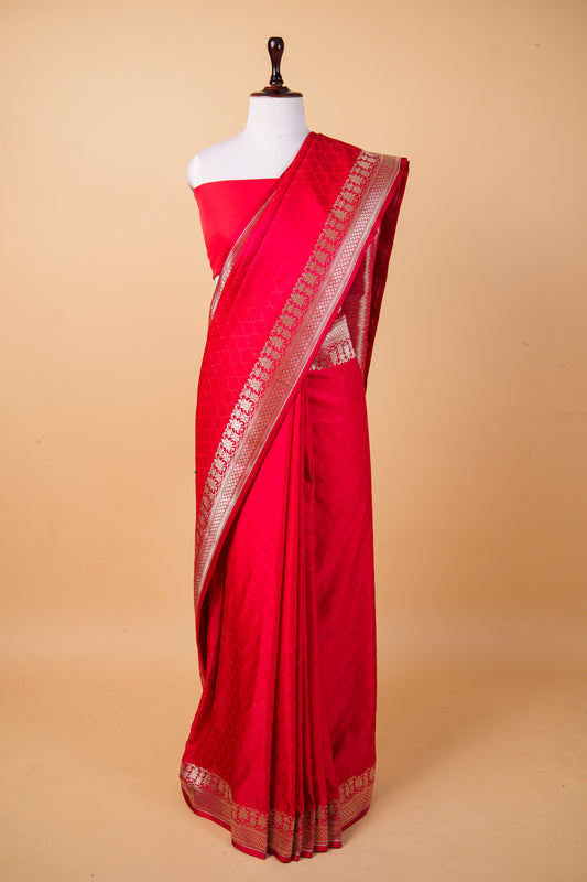 Banarasi Elegant Red Mashru Silk Saree with Golden Woven Border