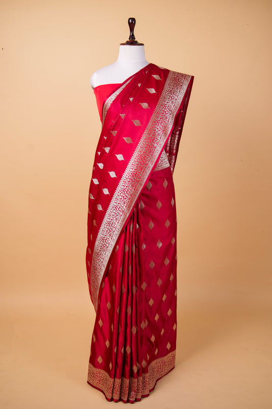 Banarasi  Premium Red Mashru Silk Saree with Gold Zari Buti & Floral Border 