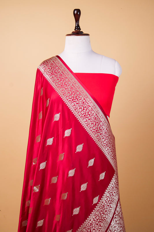 Banarasi  Premium Red Mashru Silk Saree with Gold Zari Buti & Floral Border 