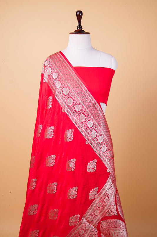 Banarasi Luxury Red Mashru Silk Saree with Silver Zari Floral Buti & Rich Woven Border