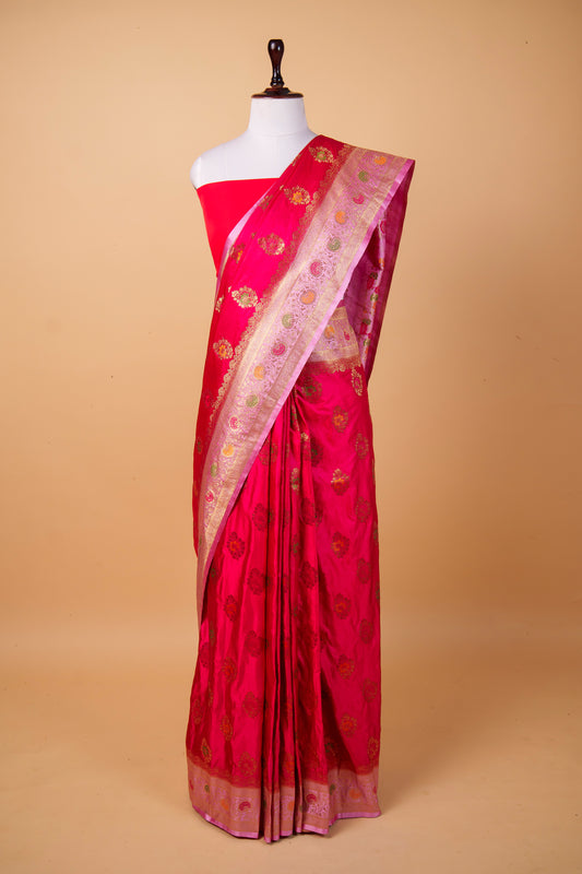 Banarasi Premium Pink Mashru Silk Saree with Multicolor Meenakari Zari Pallu & Floral Buti
