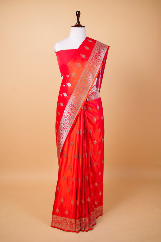 Banarasi Premium Dual-Tone Orange & Red Mashru Silk Saree with Gold Zari Buti and Floral Border