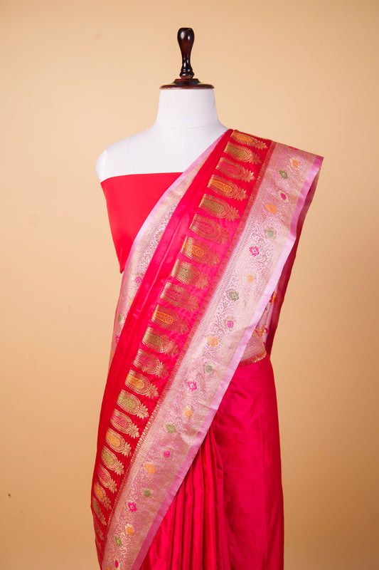 Banarasi Premium Rani Pink Mashru Silk Saree with Meenakari Zari Border & Paisley Weaving