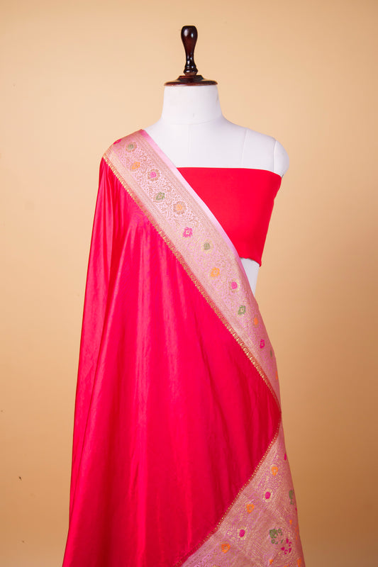 Banarasi Premium Rani Pink Mashru Silk Saree with Meenakari Zari Border & Paisley Weaving