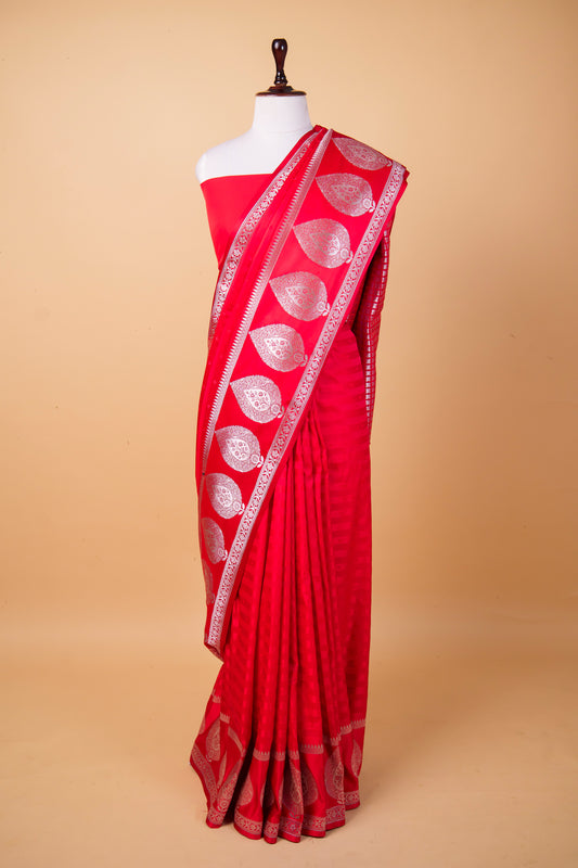 Banarasi Premium Rani Pink Mashru Silk Saree with Silver Zari Paisley Border