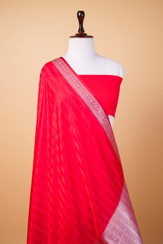 Banarasi Premium Rani Pink Mashru Silk Saree with Silver Zari Paisley Border