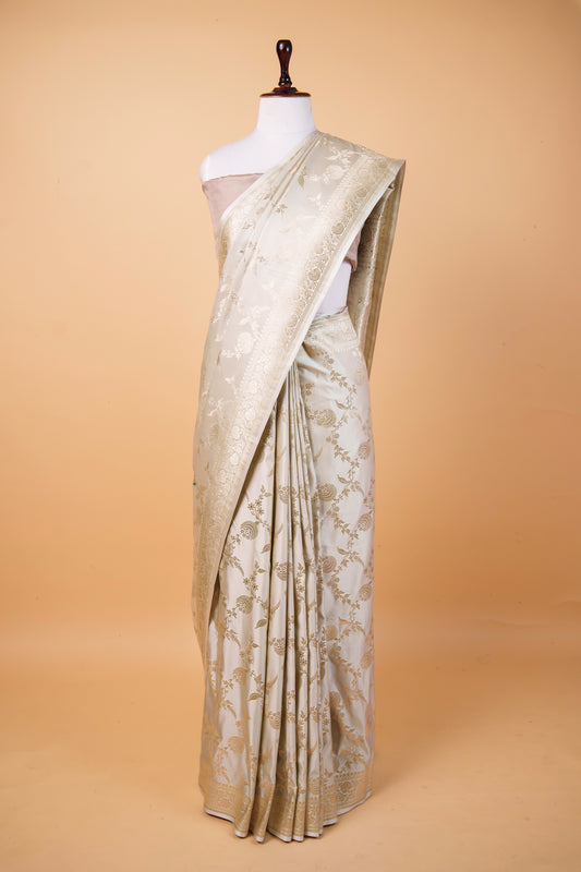 Banarasi Premium Ivory White Mashru Silk Saree with Gold Zari Floral Jaal