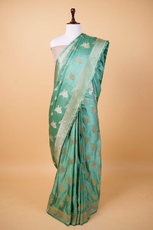 BanarasiPremium Sea Green Mashru Silk Saree with Gold Zari Floral Buti & Woven Border