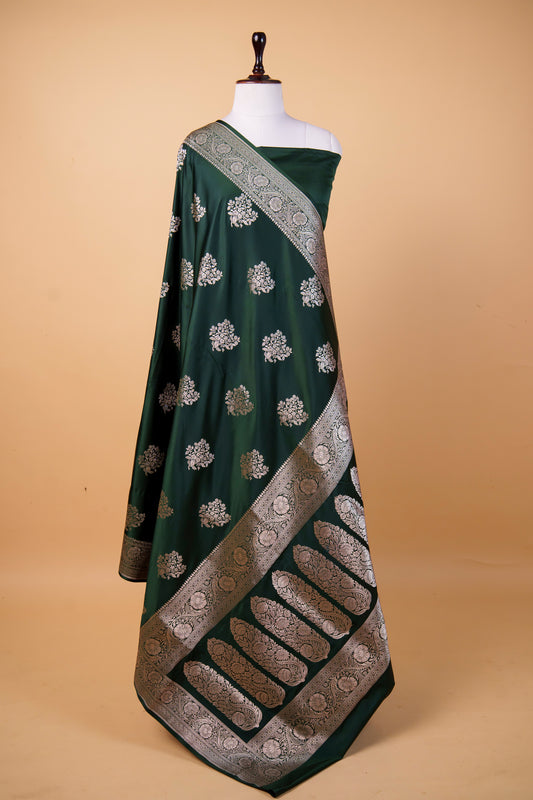 Banarasi Premium Emerald Green Mashru Silk Saree with Silver Zari Floral Buti & Grand Paisley Pallu