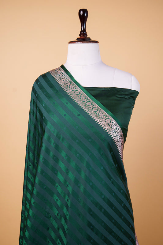 Banarasi Premium Bottle Green Mashru Silk Saree with Silver Zari Paisley Border