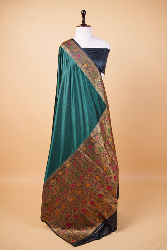 Banarasi Premium Teal Green Mashru Silk Saree with Meenakari Zari Border & Paisley Weaving