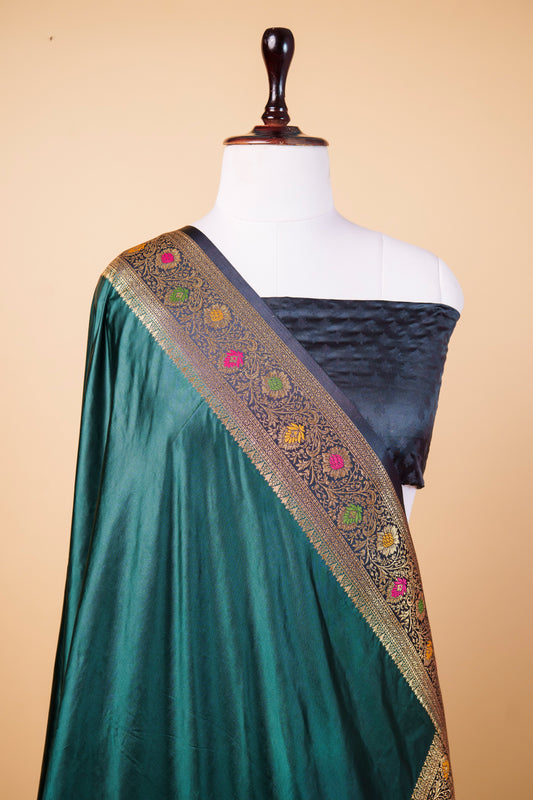 Banarasi Premium Teal Green Mashru Silk Saree with Meenakari Zari Border & Paisley Weaving