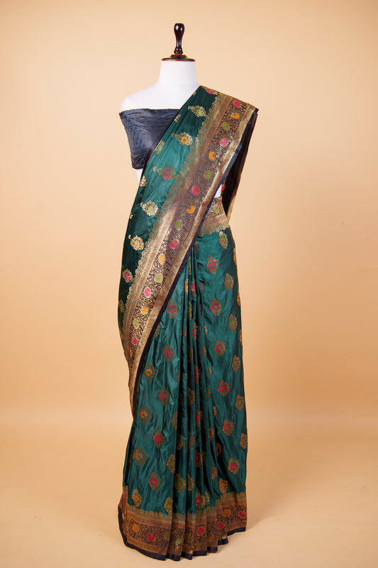 BanarasiPremium Teal Green Mashru Silk Saree with Multicolor Meenakari Floral Buti & Rich Zari Border