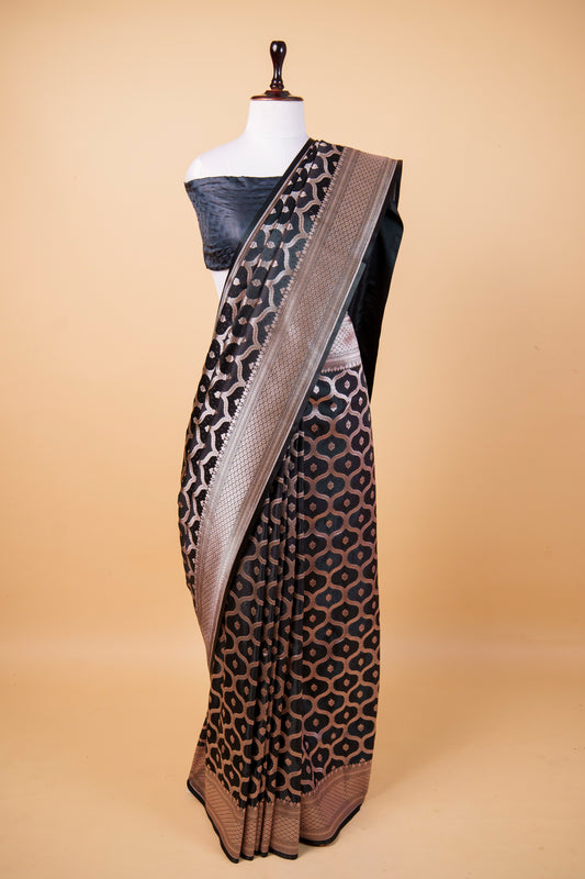 BanarasiPremium Black Mashru Silk Saree with Silver Zari Geometric Weaving & Rich Banarasi Pallu
