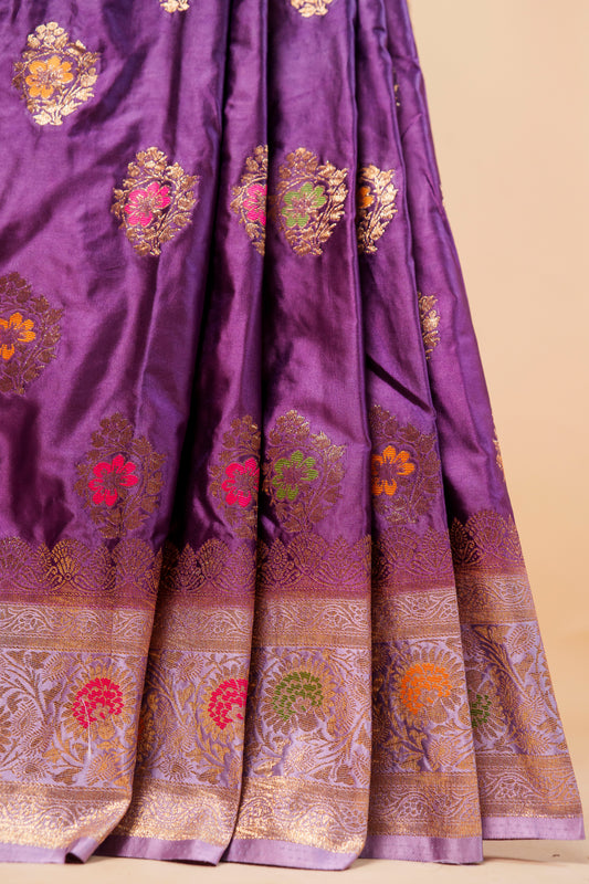 BanarasiRoyal Purple Mashru Silk Saree with Multicolor Meenakari Zari Butis & Banarasi Border