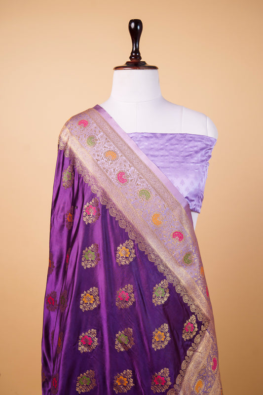 BanarasiRoyal Purple Mashru Silk Saree with Multicolor Meenakari Zari Butis & Banarasi Border
