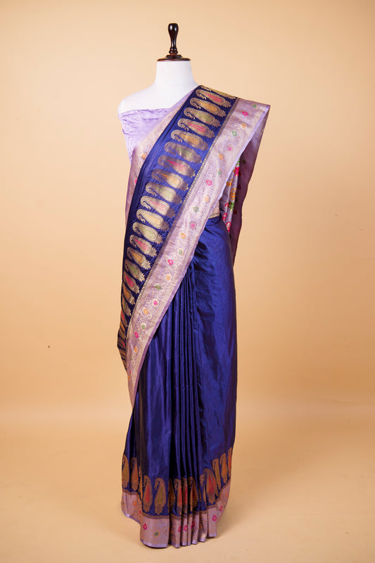 Banarasi Royal Blue Mashru Silk Saree with Meenakari Paisley Border & Banarasi Zari Weaving