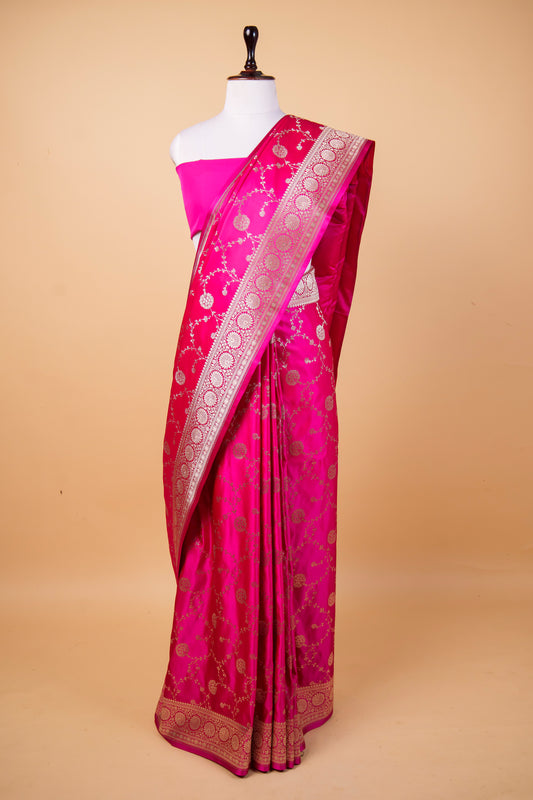 Banarasi Rani Pink Mashru Silk Saree with Floral Jaal Banarasi Zari Weaving