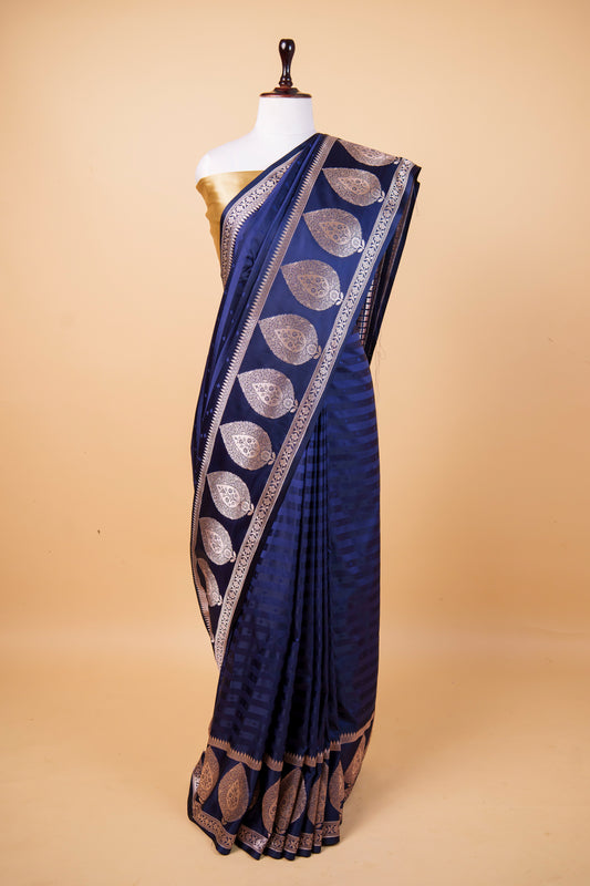 Banarasi Navy Blue Mashru Silk Saree with Paisley Banarasi Zari Border