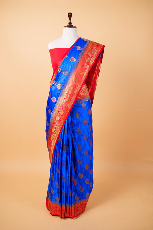 Banarasi Royal Blue Mashru Silk Saree with Red Contrast Banarasi Zari Border
