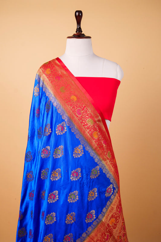 Banarasi Royal Blue Mashru Silk Saree with Red Contrast Banarasi Zari Border