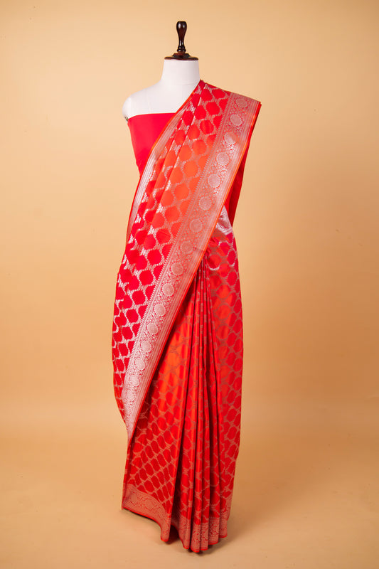 Banarasi Vibrant Orange-Red Mashru Silk Saree with Geometric Banarasi Zari Weaving