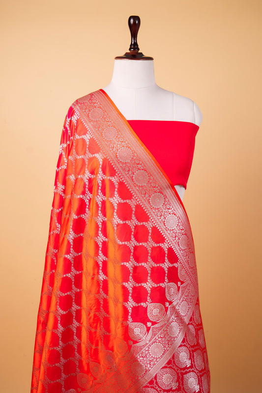 Banarasi Vibrant Orange-Red Mashru Silk Saree with Geometric Banarasi Zari Weaving