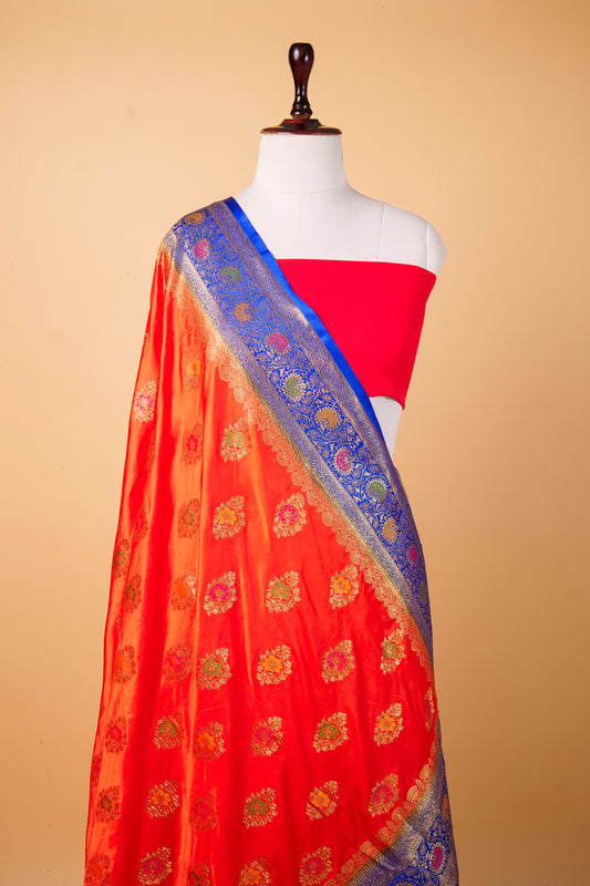 Banarasi Orange Mashru Silk Saree with Royal Blue Contrast Banarasi Zari Border