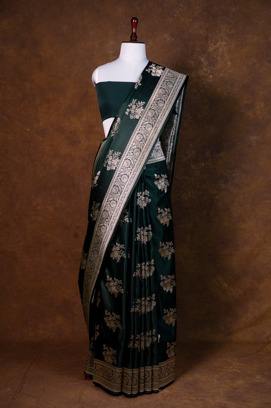 Deep Forest Green Pure Banarasi Mashru Silk Saree with Antique Silver Zari
