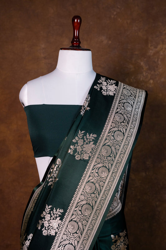 Deep Forest Green Pure Banarasi Mashru Silk Saree with Antique Silver Zari