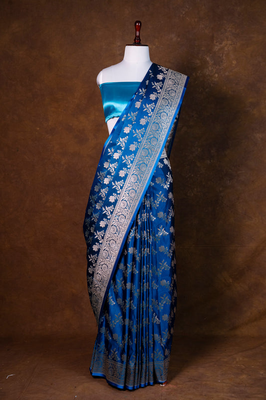 Royal Blue Pure Banarasi Mashru Silk Saree with Antique Silver Zari