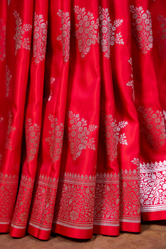 Classic Crimson Red Pure Banarasi Mashru Silk Saree with Silver Zari