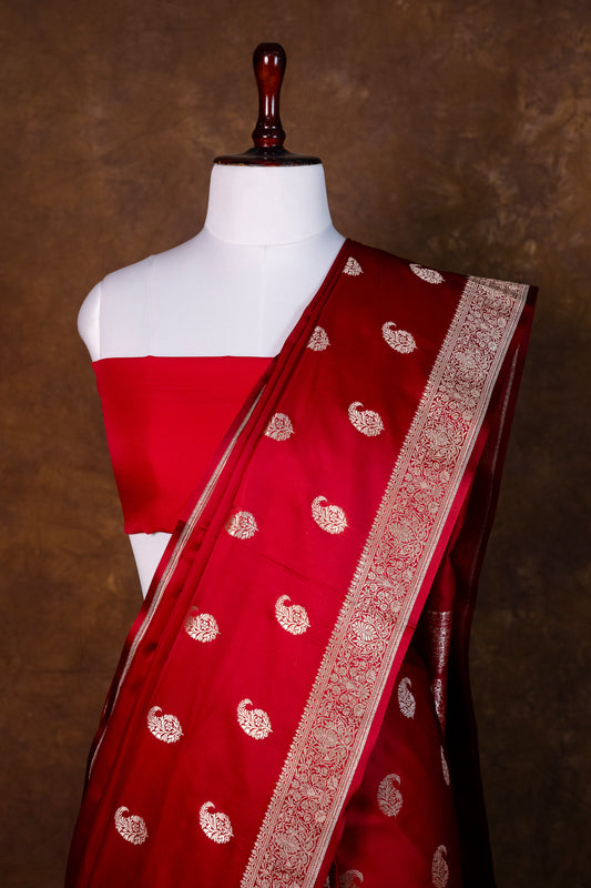Deep Ruby Red Pure Banarasi Mashru Silk Saree with Silver Zari Paisley Motifs