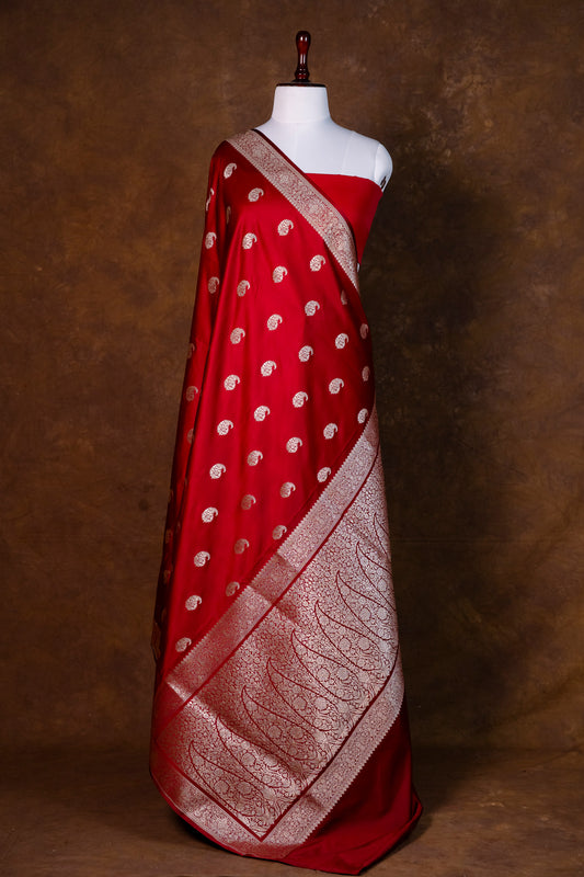 Deep Ruby Red Pure Banarasi Mashru Silk Saree with Silver Zari Paisley Motifs