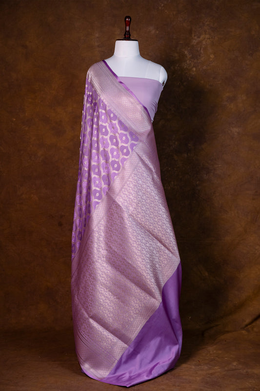 Lavender Purple Pure Banarasi Mashru Silk Saree with Silver Zari Work