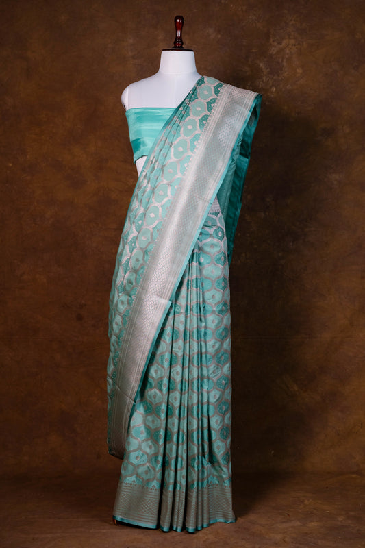 Aqua Green Pure Banarasi Mashru Silk Saree with Silver Zari Work