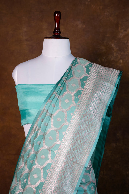 Aqua Green Pure Banarasi Mashru Silk Saree with Silver Zari Work