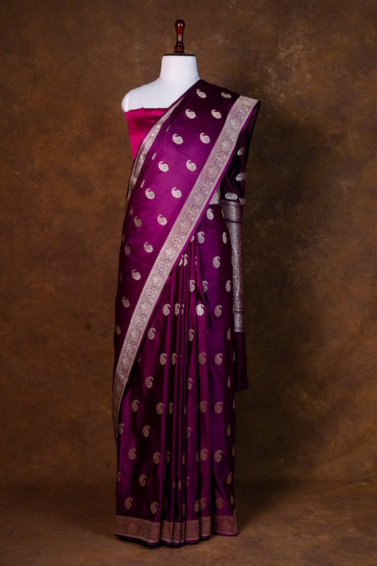 Plum Purple Pure Banarasi Mashru Silk Saree with Silver Zari Bootis