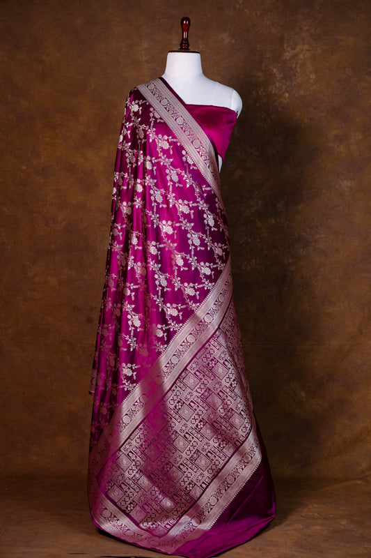 Wine Purple Pure Banarasi Mashru Silk Saree with Silver Floral Zari Weave