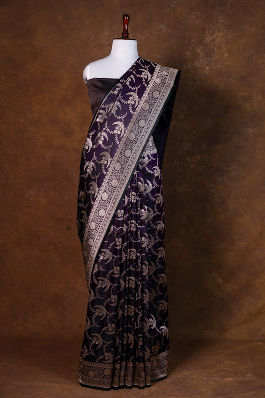 Midnight Indigo Pure Banarasi Mashru Silk Saree with Silver Paisley Vine Zari