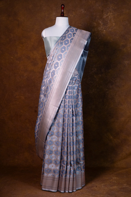 Soft Steel Blue Pure Banarasi Mashru Silk Saree with Silver Zari Weave