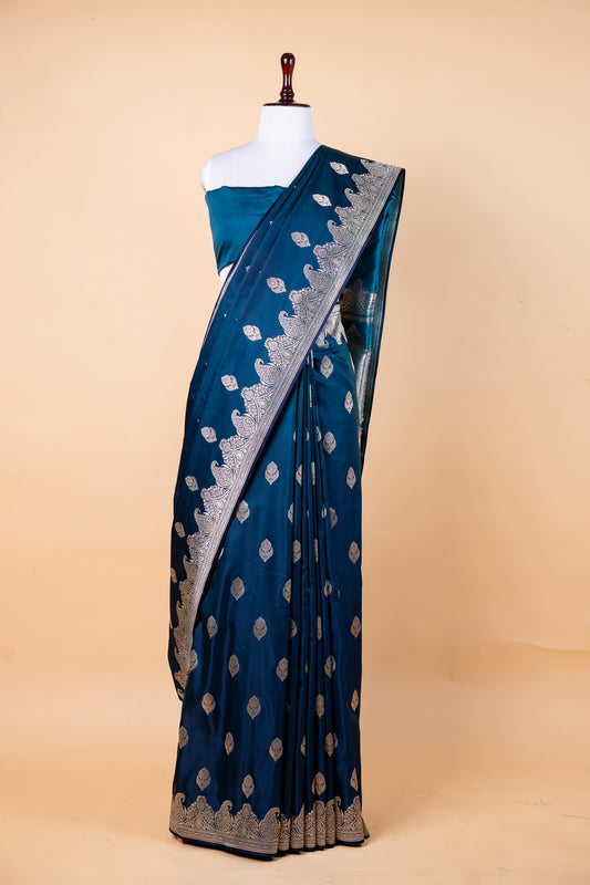 Deep Teal Blue Banarasi Silk Saree with Silver Zari Work