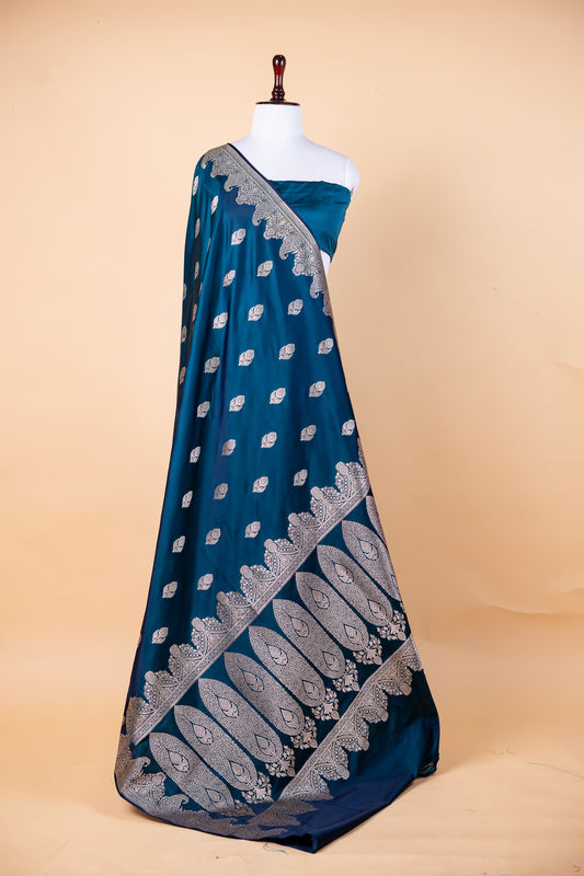 Deep Teal Blue Banarasi Silk Saree with Silver Zari Work