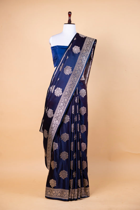 Navy Blue Pure Banarasi Mashru Silk Saree with Silver Zari Buta and Border