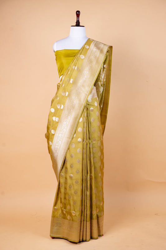 Olive Gold Bumber Silk Saree with Silver Zari Polka Buta